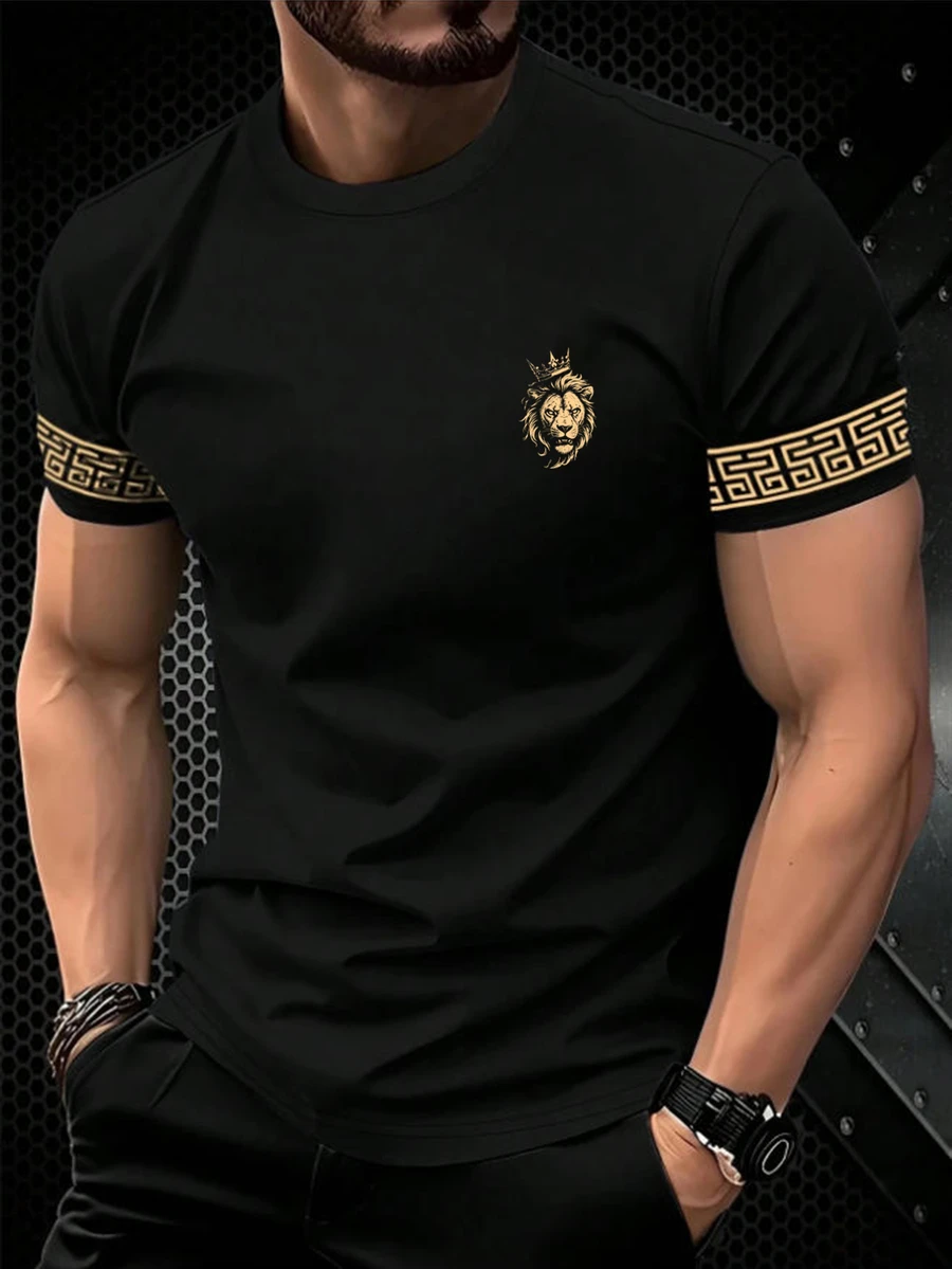HypeHours 男士獅子圖案休閒日常短袖T恤 - 黑色 - 查看 1