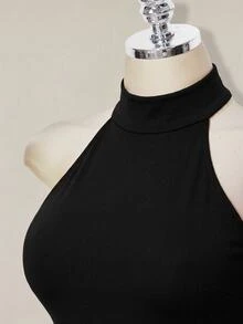SHEIN ICON 女款純色修身百搭日常穿著掛脖式T恤 - 黑色 - 查看 4