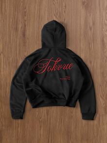 TOKVUE 男士刺繡街頭風長袖連帽衛衣，附口袋，Off Campus College 黑色與紅色，秋季款 - 黑色 - 查看 3