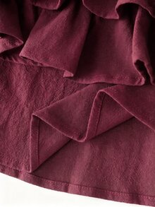 LUMIGAL Vintage Casual Relaxed Brown Multi-Layer Ruffle Hem Patchwork V-Neck Loose Long Sleeve Shirt - Burgundy - View 5