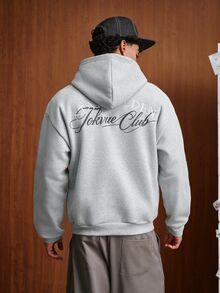 TOKVUE 男士字母圖案休閒日常連帽衫 - 灰色 - 查看 3