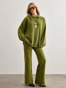 SHEIN Olive Green Heathered Knit Two Pieces Set With Collared Sweater And Wide Leg Pants - Green - View 8