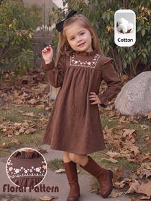 Baby Girl Ruffle Collar Floral Print Long Sleeve Casual Sweet Dress - Coffee Brown - View 1