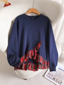 CosyJoli Women's Patchwork Plaid Ruffle Hem Long Sleeve Crew Neck Sweatshirt - Navy Blue - View 1
