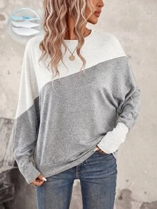 SHEIN LUNE 女款拼色休閒日常長袖運動衫 - 灰色 - 查看 8