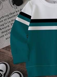 1件新款秋季拼色條紋圓領長袖衛衣上衣，白色與綠色對比色搭配R Logo印花設計，時尚休閒百搭，酷帥顯身材，拍照出片，適合春秋多穿搭，適用多種場合，高質感男孩服飾，氛圍感十足 - 彩色 - 查看 4