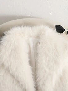 SHEIN 青少年女孩秋冬休閒時尚厚款泰迪絨人造毛領加厚口袋夾克外套，適合返校、日常穿著、派對穿搭 - 白色 - 查看 7
