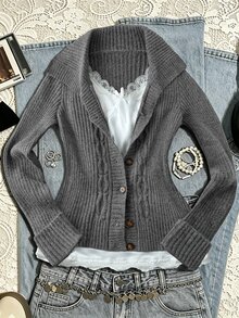 Sunspun Plus Size Women's Solid Color Casual Versatile Daily Wear Cardigan - Dark Grey - View 1