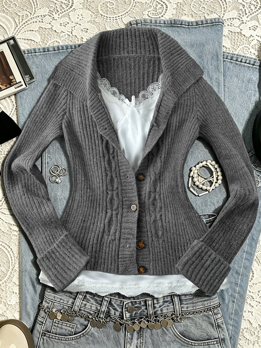 Sunspun Plus Size Women's Solid Color Casual Versatile Daily Wear Cardigan - Dark Grey - View 1