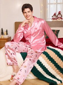 CoupledUp Cartoon Casual Wearable Christmas Men's Loungewear Set, Comfortable 2 Pieces Outfit - Pink - View 2