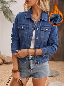 EMERY ROSE Women's Button-Down Lapel Casual Denim Jacket - Dark Wash - View 1