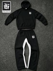 SHEIN 兒童青少年男孩新款休閒時尚極簡哥德字母印花運動風拼色黑白連帽衛衣與喇叭褲兩件套，適合秋冬、學校、家庭聚會、返校、生日派對、攝影、度假、節日、運動、舒適 - 黑與白 - 查看 2