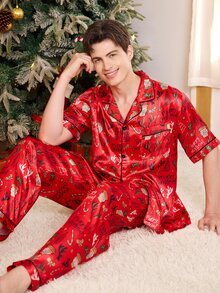CoupledUp Christmas Print Lapel Cardigan Men's Pajama Set, Holiday Home Comfortable Long Pants 2 Pieces Set - Multicolor - View 4