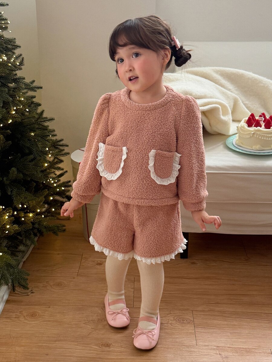 DAZY Infant (Girl) Round Neck Long Sleeve Fleece Jacket Set - Baby Pink - View 1