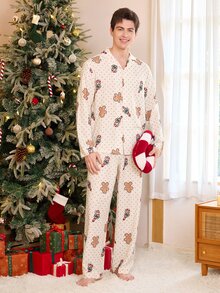 CoupledUp Men's Christmas Theme Gingerbread Man & Candy Cane Print Casual Polka Dot Loungewear Set - Multicolor - View 5