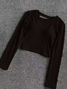 INAWLY Camiseta de manga larga minimalista y versátil para mujer para uso diario - Marrón - Ver 2