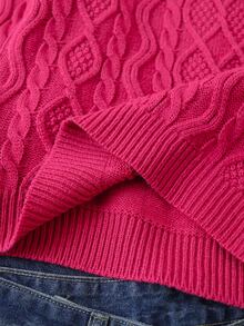 SHEIN Tween Girl Cable Knit Crew Neck Long Sleeve Casual Loose Sweater - Red - View 6