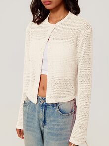 SHEIN BASICS كارديجان نسائي بسيط بأزرار وتصميم مفرغ محبوك رقيق - لون مشمشي - مشاهدة 4