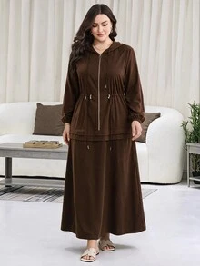 Veilorie Plus Size Women Solid Color Casual Daily Long Sleeve Sweatshirt - Brown - View 3