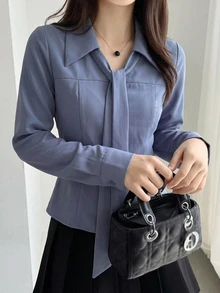 DAZY 女款素色休閒百搭日常穿著襯衫 - 藍色 - 查看 4