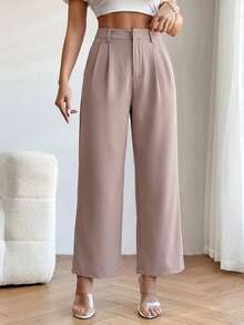 SHEIN PETITE High Waist Plicated Detail Straight Leg Black Pants - Khaki - View 6