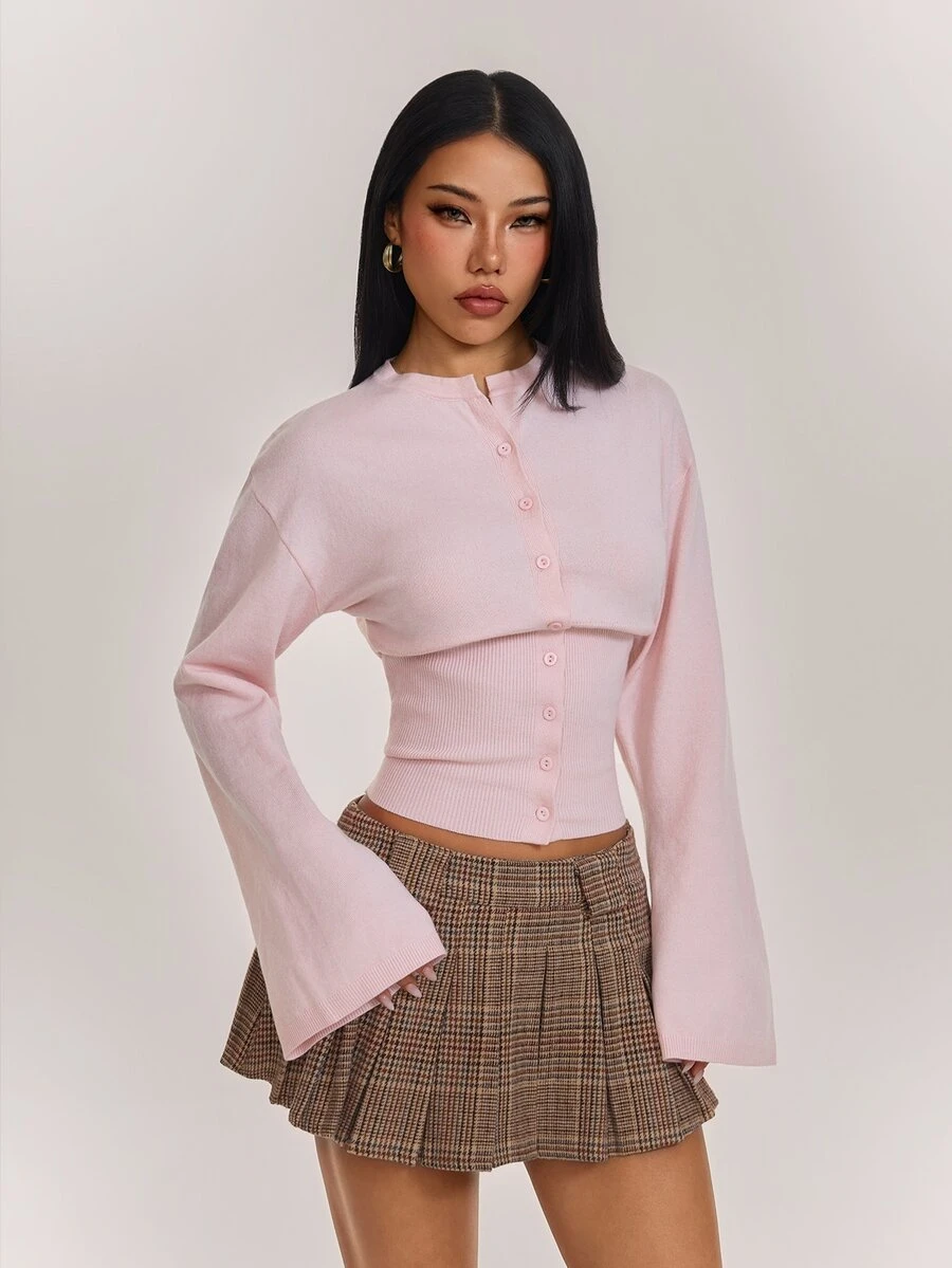 SHEIN PETITE Cardigan Wanita Elegan Warna Polos dengan Pinggang yang Diikat dan Kancing Depan, Lengan Panjang - Baby Pink - View 1