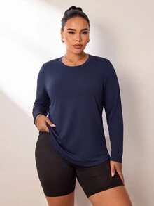 Easithlete Plus Size Women Solid Color Back Cutout Crew Neck Sweatshirt - Navy Blue - View 3
