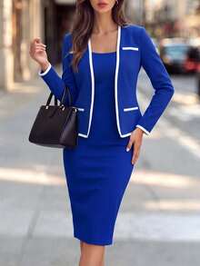 Editum Women's Colorblock Long Sleeve Jacket And Solid Color Dress Casual Suit Set - Blue and White - View 8