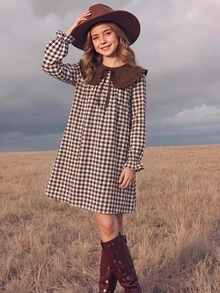 Tween Girl) Cute Autumn Long Sleeve Brown Plaid Versatile Dress - Brown - View 3