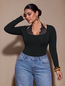 SHEIN BAE CURVE بودي سوت كاجوال يومي للنساء بمقاس كبير مع تفاصيل دانتيل وقطع قماشية - الأسود - مشاهدة 4