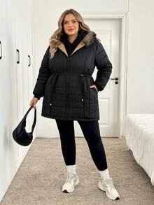 SHEIN CURVE+ Plus Size Thickened Hooded Longline Thermal Lined Long Sleeve Winter Jacket, Solid Black - Black - View 9