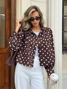 SHEIN Frenchy Jaket Wanita Lengan Panjang Berkerah Kancing Motif Polkadot Cokelat, Cocok untuk Dipakai di Musim Gugur, Mantel Musim Dingin Wanita, Atasan Motif Polkadot - Coklat - View 6