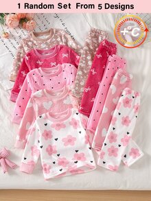 SHEIN 女嬰甜美韓風粉色蝴蝶結印花法蘭絨圓領寬鬆長袖秋季/秋冬褲子2件套，加厚雙面抓毛 - 彩色 - 查看 1