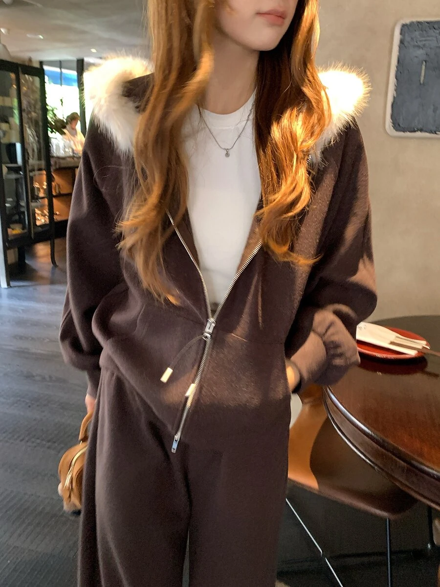 DAZY Women's Solid Color Long Sleeve 2 Pieces Set, Autumn/Winter - Coffee Brown - View 1