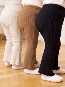 SHEIN 3pcs/Set Baby Girl Elastic Thick Ribbed Flare Leggings Long Pants Suitable For Winter - Brown - View 5