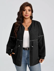 SHEIN LUNE CURVE European & American Plus Size Women's Black Patchwork Baseball Jacket, Casual Style Embossed Embossed Fabric With Chain Decoration, Cinched Waist, Loose Fit Zip-Up Jacket - Black - View 4