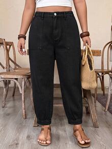 Breezaya CURVE Plus Size Pure Black Distressed Denim Carrot Pants With Semi-Elastic Waist, Rolled Hem, Multiple Pockets, Flattering Fit, Versatile Casual Pants - Black - View 4