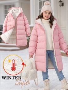 SHEIN 1件少女中長款長袖加厚外套，內裡刷毛，舒適保暖，純色 - 粉色 - 查看 2