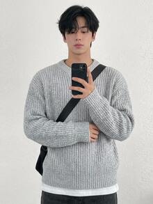 DAZY 秋冬圓領半開鈕扣花卉寬鬆男士毛衣 - 淺灰色 - 查看 5