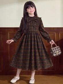 Tween女孩長袖格紋收腰蝴蝶結誇張領長洋裝 秋冬款 - 卡其色 - 查看 13