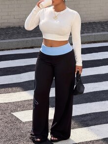Muchica Plus Size Street Letter Print Colorblock Loose Pants - Multicolor - View 5