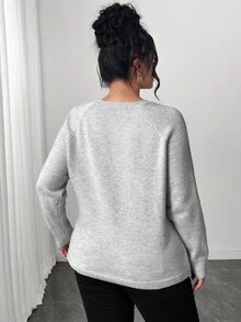 Elenzga Sweater Pullover Renda Elegan Pas Badan Ukuran Plus untuk Komuter - Grey - View 3