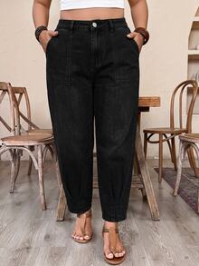 Breezaya CURVE Plus Size Pure Black Distressed Denim Carrot Pants With Semi-Elastic Waist, Rolled Hem, Multiple Pockets, Flattering Fit, Versatile Casual Pants - Black - View 3