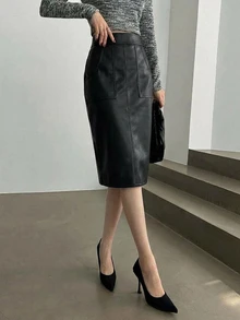 DAZY 女款純色口袋設計優雅PU半身裙 - 黑色 - 查看 4