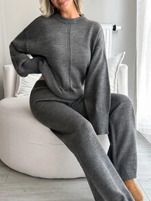 SHEIN Asymmetric Hem Rib Knit Sweater & Wide Leg Pants Two Pieces Knit Lounge Set - Grey - View 3