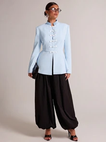 SHEIN BAE 奶油色青蛙鈕扣荷葉邊西裝外套，黑色對比結扣立領西裝外套，適合上班、晚餐、辦公室、夏季、賓客穿搭、婚禮優雅造型 - 淺藍色 - 查看 4