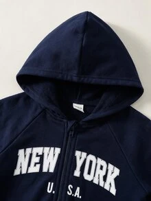 SHEIN 可愛休閒字母印花連帽連身衛衣，適合男嬰 - 藏蓝色 - 查看 3