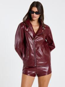 MUSERA Red PU Oversized Zip Up Detail Jacket Fall Winter Women Outfit Casual - Burgundy - View 4
