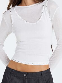 MUSERA White Overlayer Detail Long Sleeve Top Fall Winter Women Outfit Casual - White - View 5