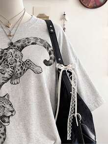 Collagica Collagica Black Round Neck Floral Graphic Loose Short Sleeve Casual Women's T-Shirt - Beige - View 3